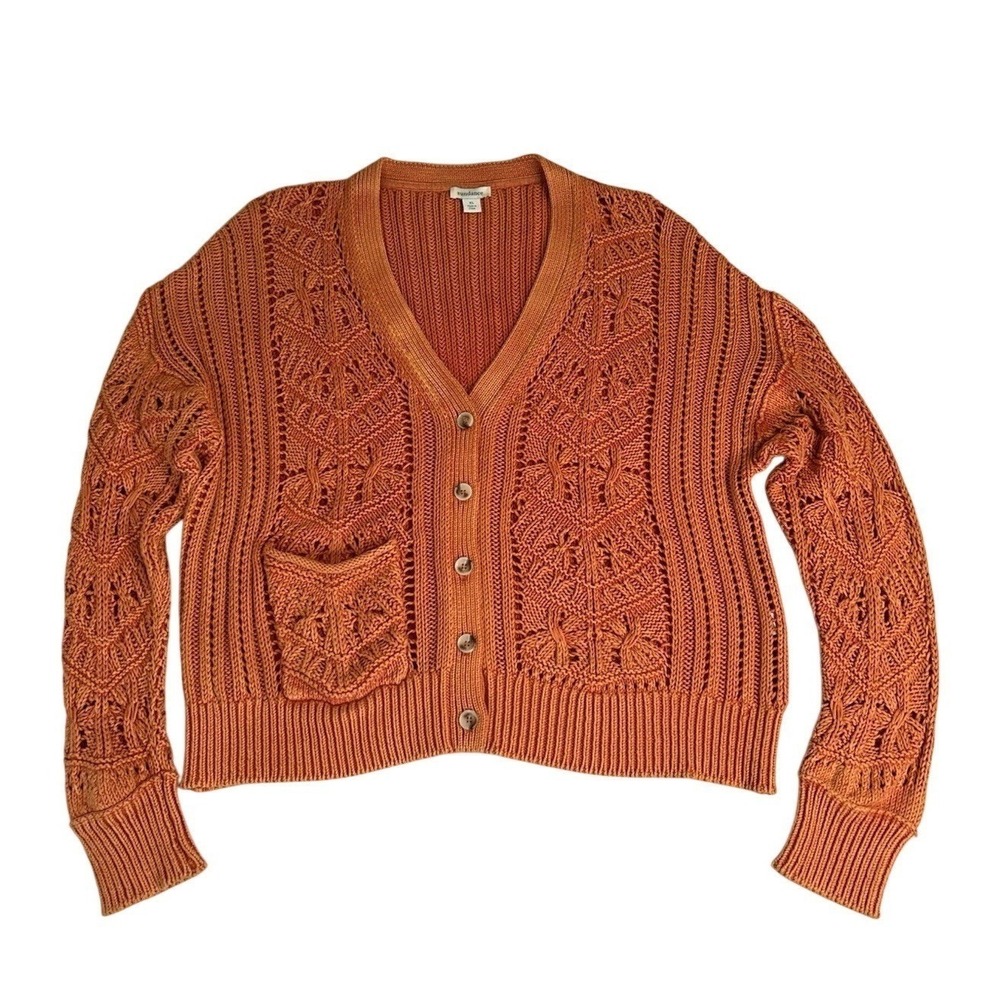 Sundance Orange Pointelle Knit Cotton Cardigan XL Boho Chunky Crochet Sweater‎